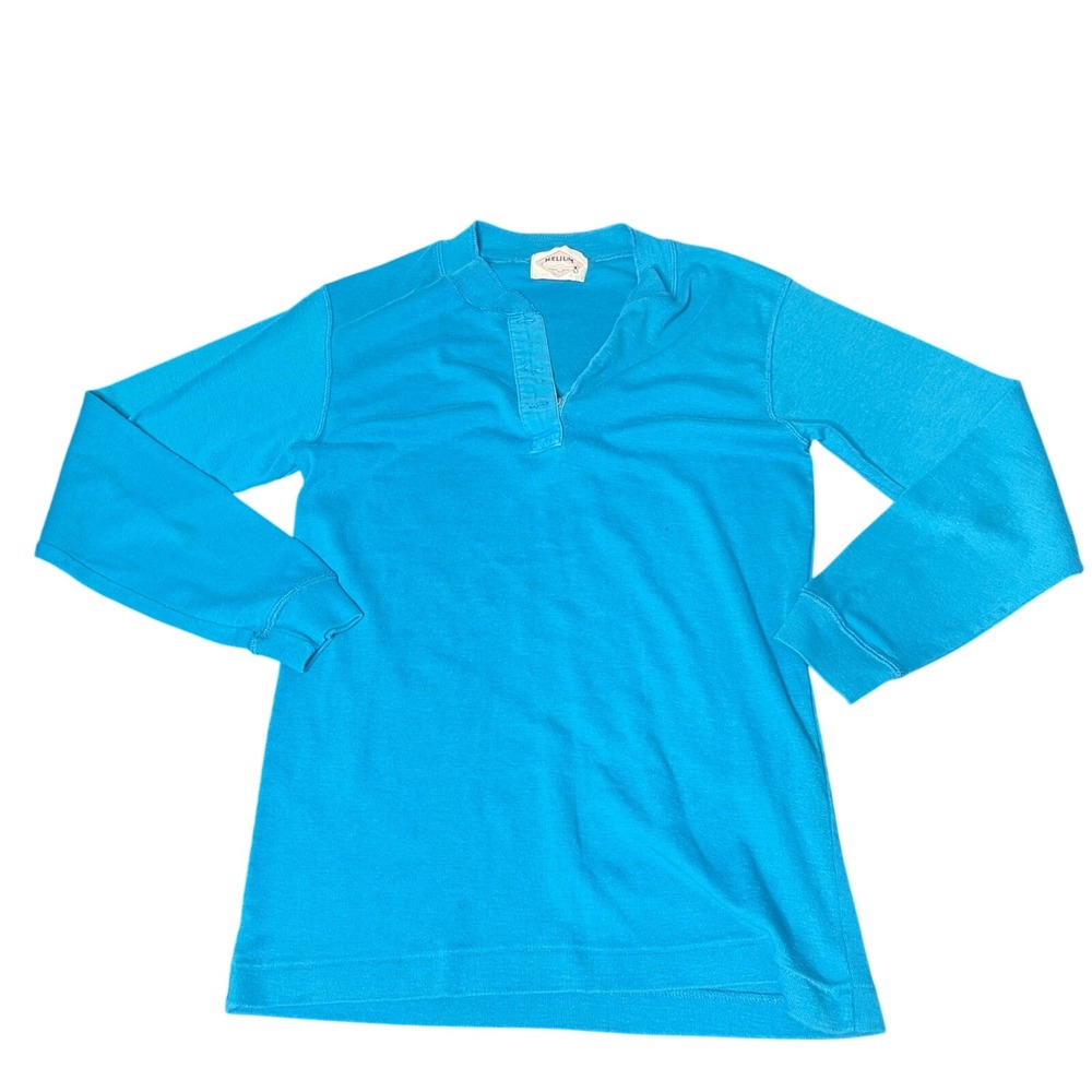 Helium Turquoise Blue Long Sleeve Henley Button Small Knit Top Vintage Retro 70s